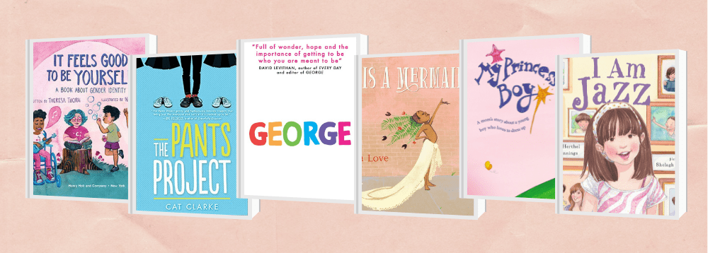 A collection of book covers over a pink backround.